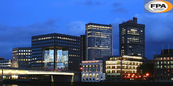 Office buildings against a night sky